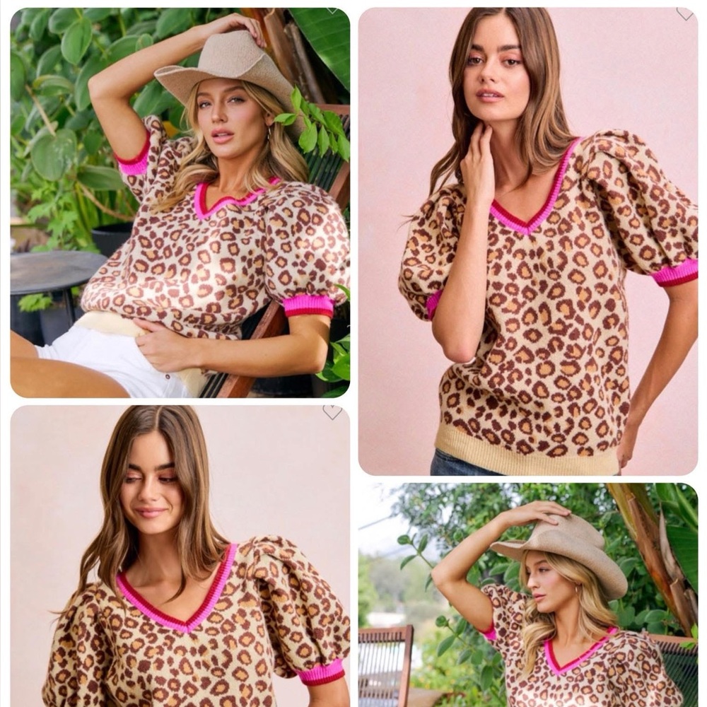 BiBi Leopard Print sweater with Pink Trim